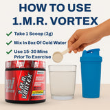 BPI Sports tarro de 1.M.R VORTEX junto a pesa para comparar tamaño y servicios