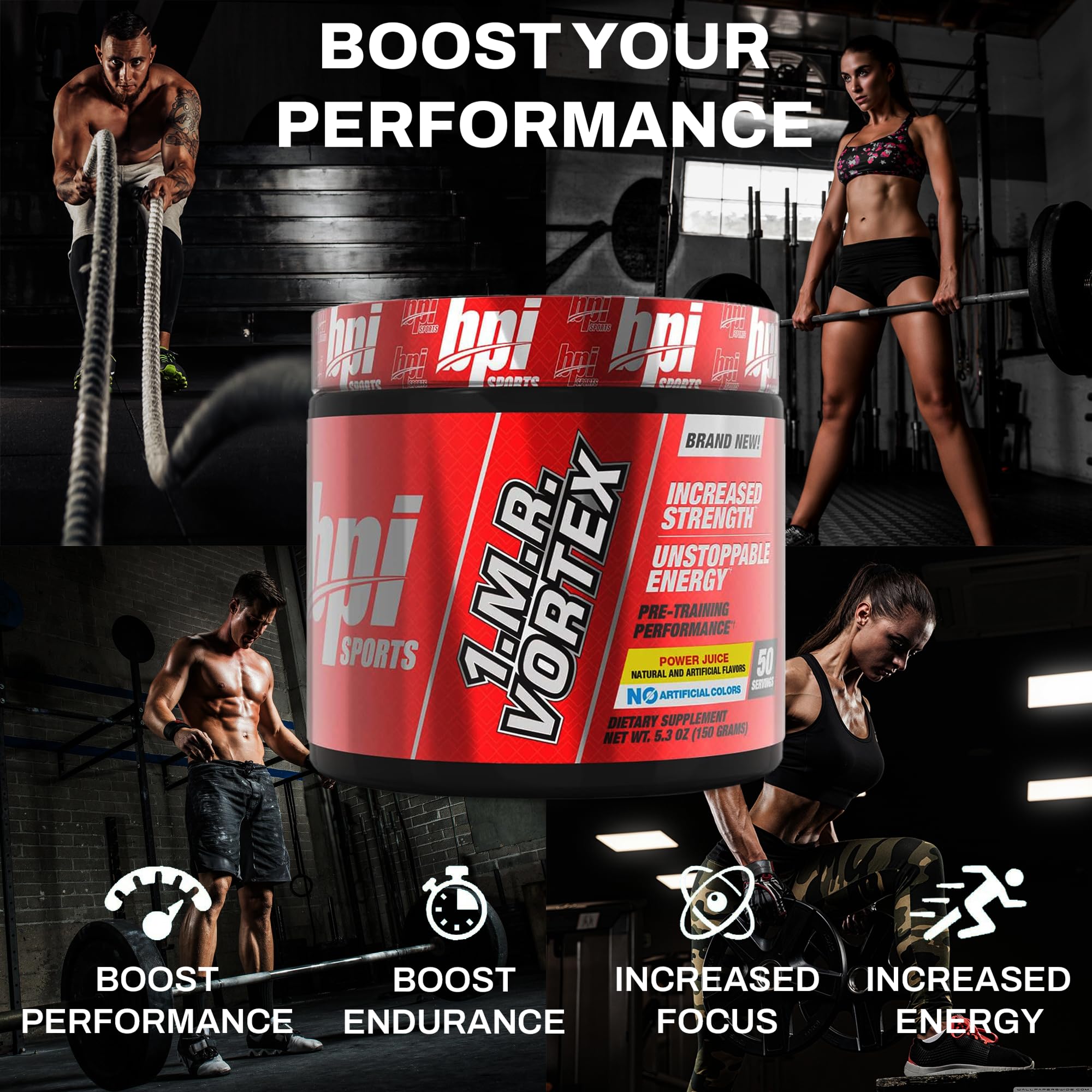 BPI Sports etiqueta de 1.M.R VORTEX con ingredientes claves para enfoque y resistencia