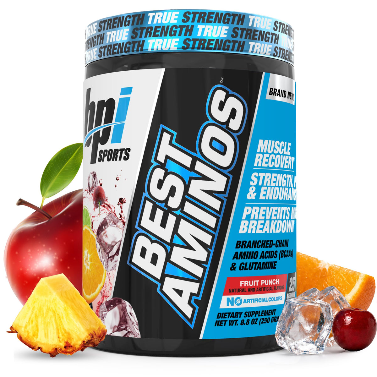 BPI Sports frasco Best Aminos Fruit Punch mostrando el envase frontal y beneficios
