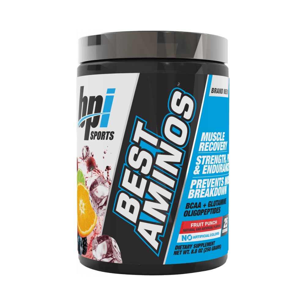 BPI Sports Best Aminos junto a una pesa para comparar tamaño y porciones