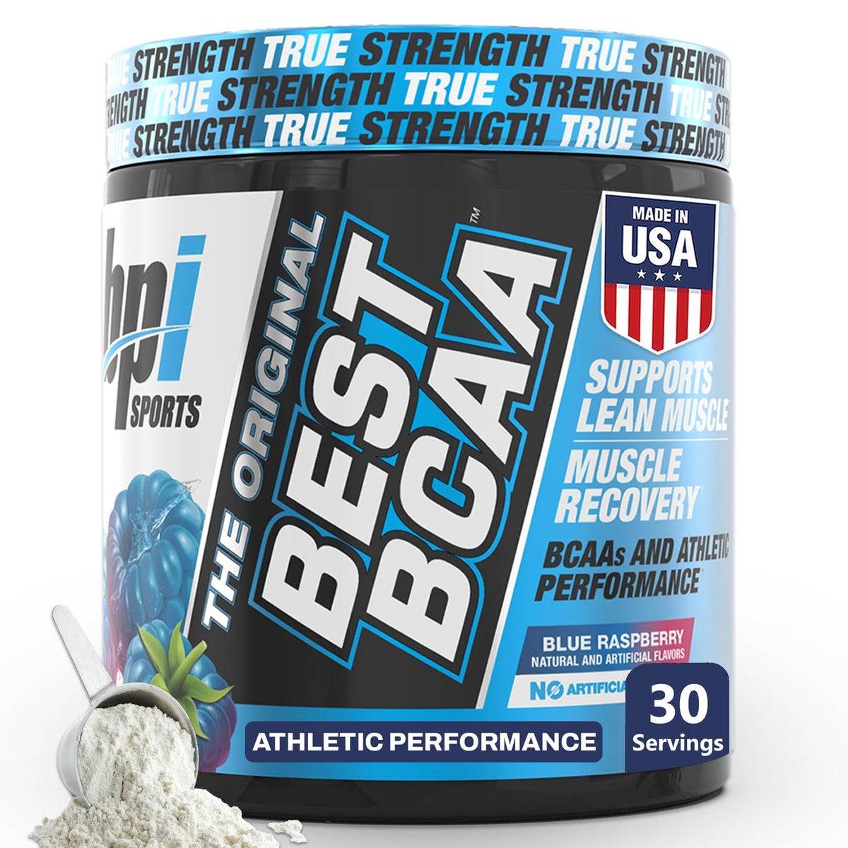 BPI Sports envase frontal del Best BCAA mostrando sabor Blue Raspberry y beneficios