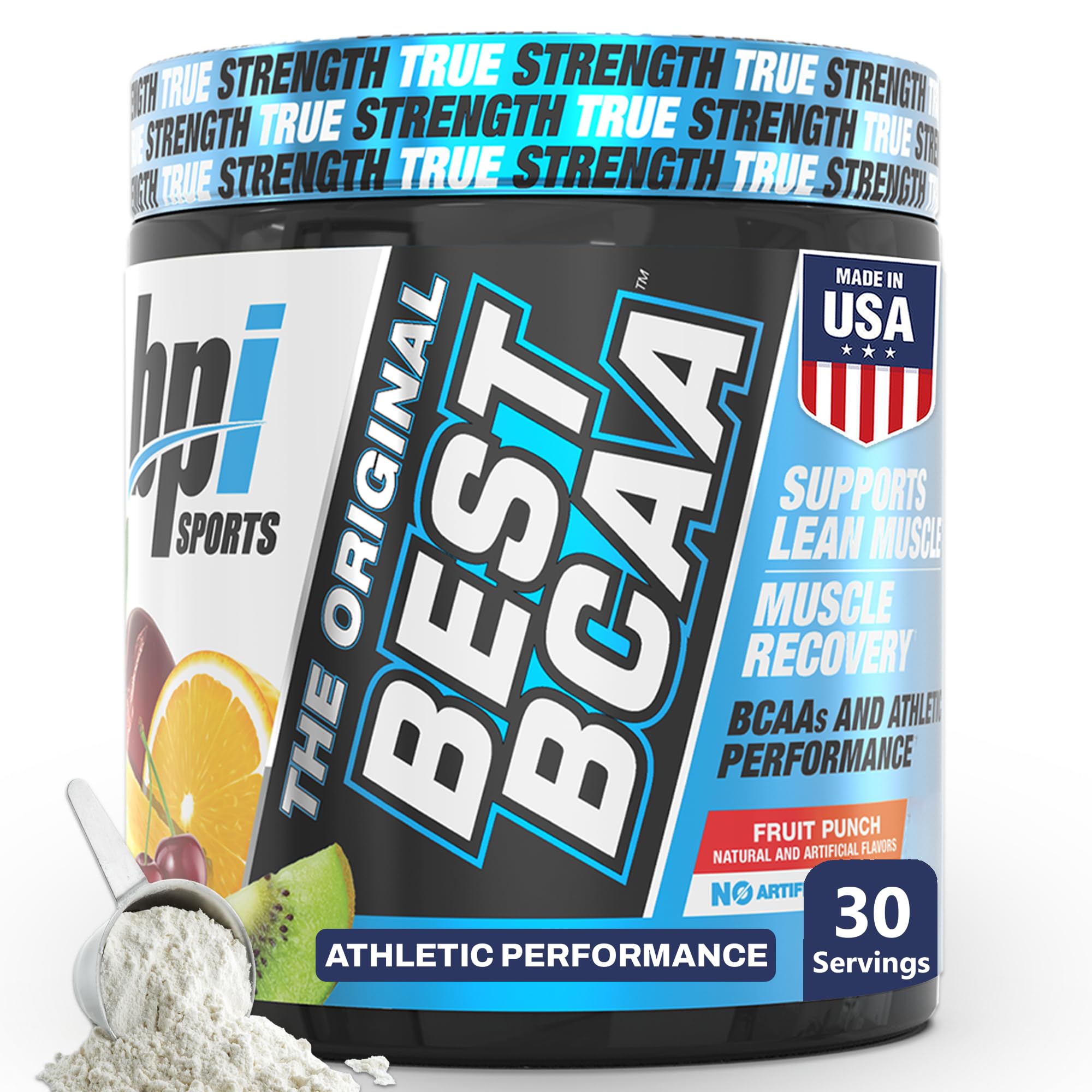 BPI Sports envase frontal Fruit Punch mostrando conveniencia y sabor