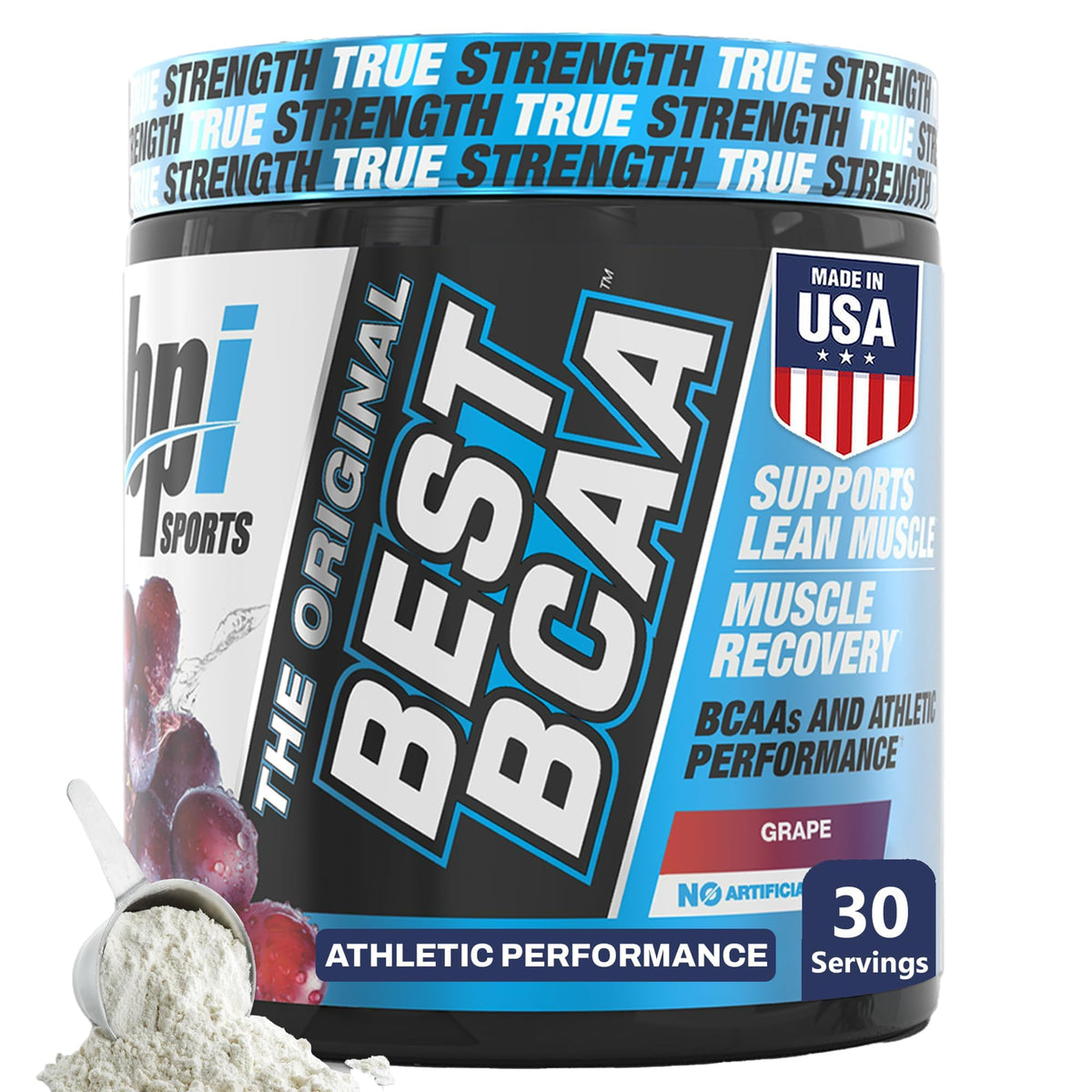 BPI Sports bote frontal Best BCAA uva mostrando diseño y beneficio refrescante