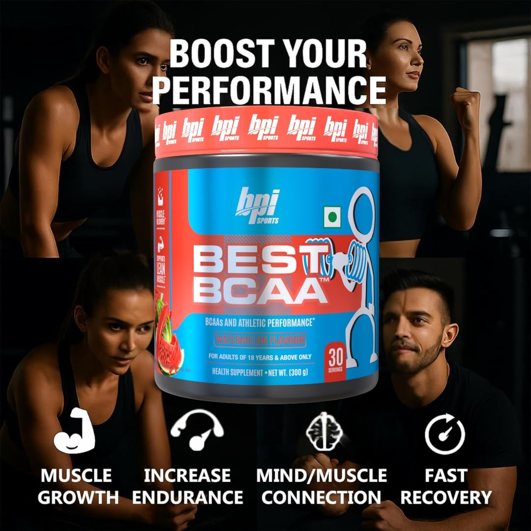 Polvo BPI Sports Best BCAA en primer plano con textura fina que facilita disolución rápida