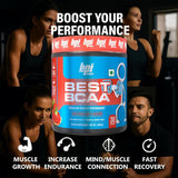 Polvo BPI Sports Best BCAA en primer plano con textura fina que facilita disolución rápida