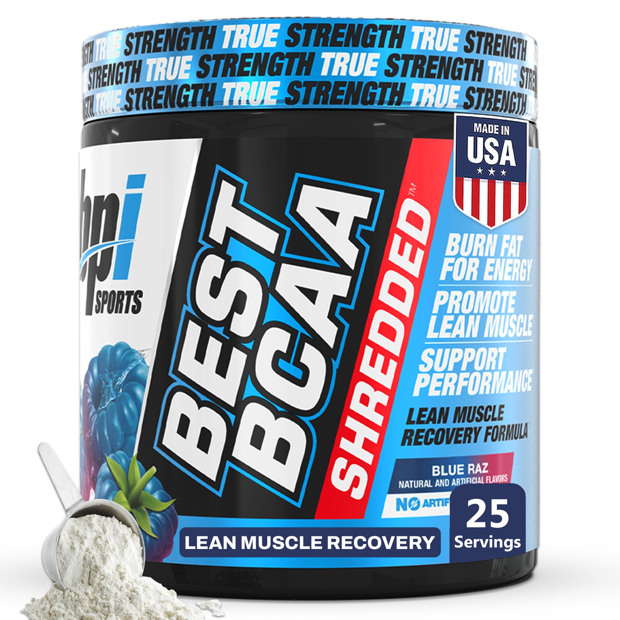 BPI Sports envase frontal mostrando 25 servicios y sabor Blue Raz