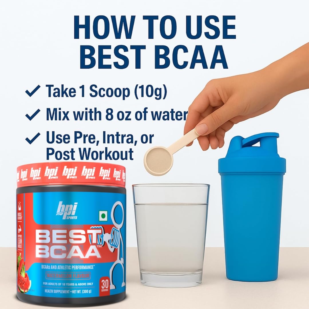 Vaso con BPI Sports Best BCAA mezclado en agua demostrando hidratación instantánea durante el entrenamiento