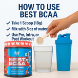 Vaso con BPI Sports Best BCAA mezclado en agua demostrando hidratación instantánea durante el entrenamiento