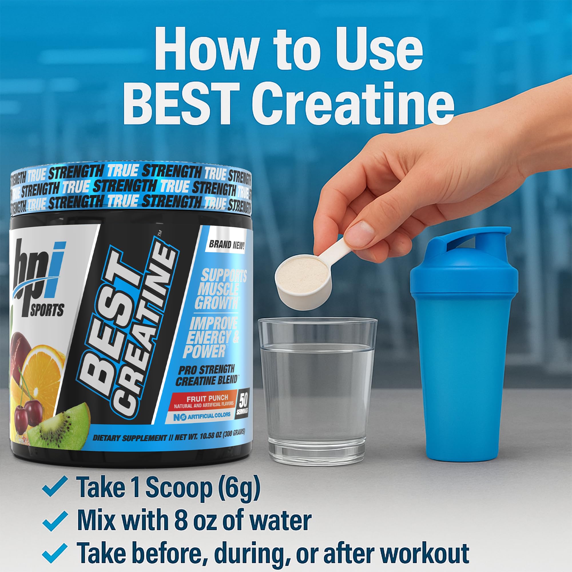 Comparación de tamaño del envase BPI Sports Best Creatine junto a una botella para escala visual