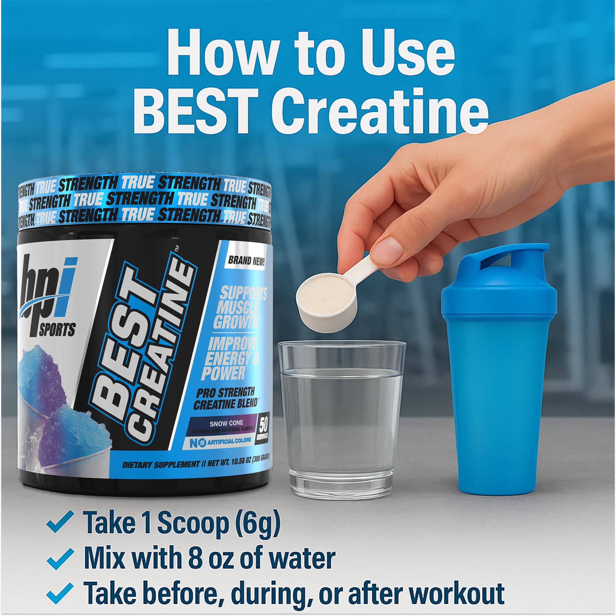 BPI Sports comparación de tamaño del envase Best Creatine junto a objetos cotidianos, referencia visual clara