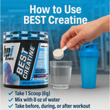 BPI Sports comparación de tamaño del envase Best Creatine junto a objetos cotidianos, referencia visual clara