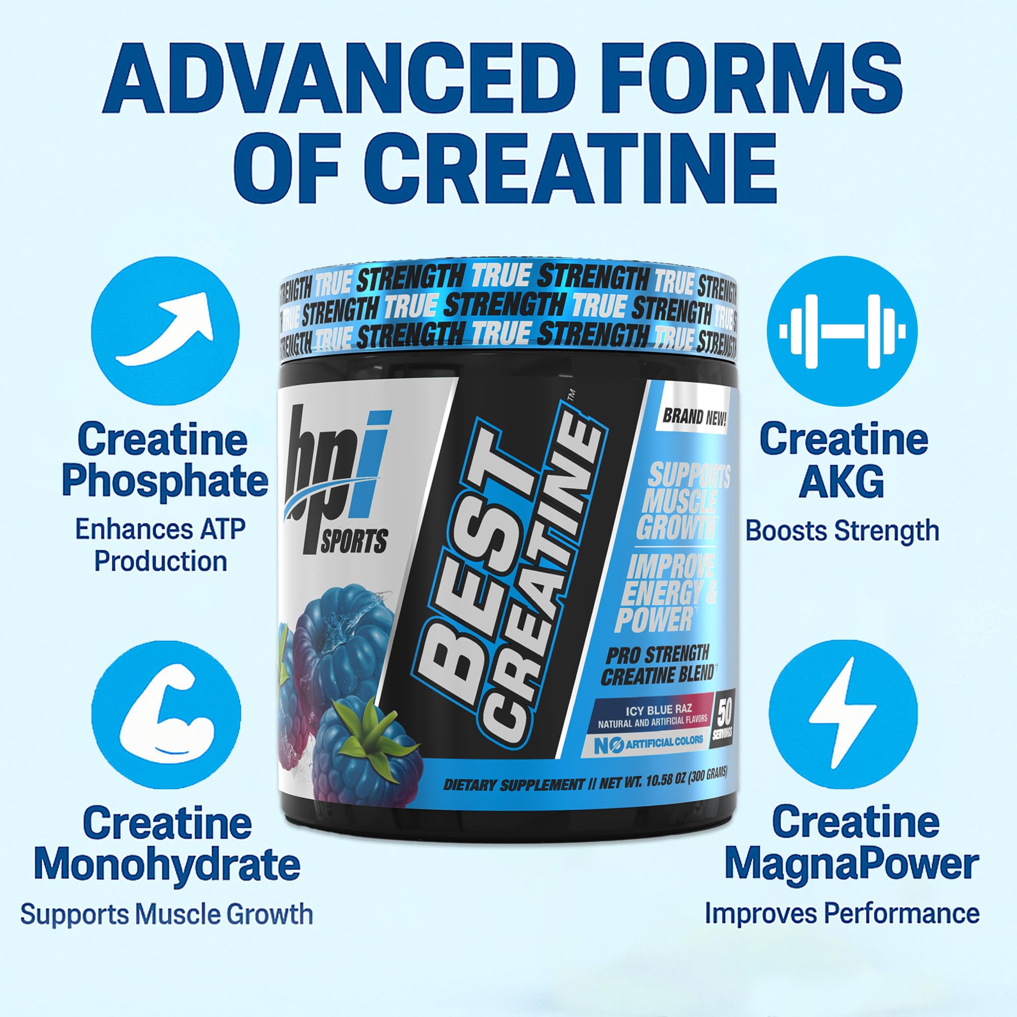 BPI Sports etiqueta con lista de ingredientes y formas de creatina