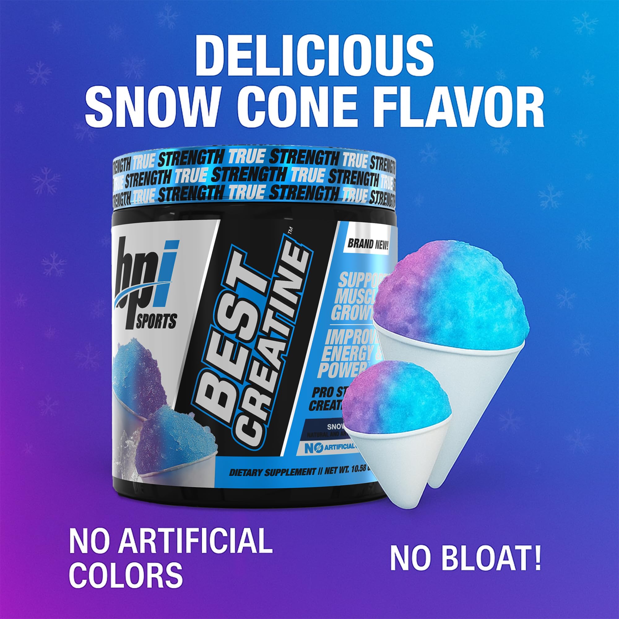 BPI Sports textura del polvo Best Creatine en primer plano, mezcla fina y solubilidad rápida