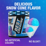BPI Sports textura del polvo Best Creatine en primer plano, mezcla fina y solubilidad rápida