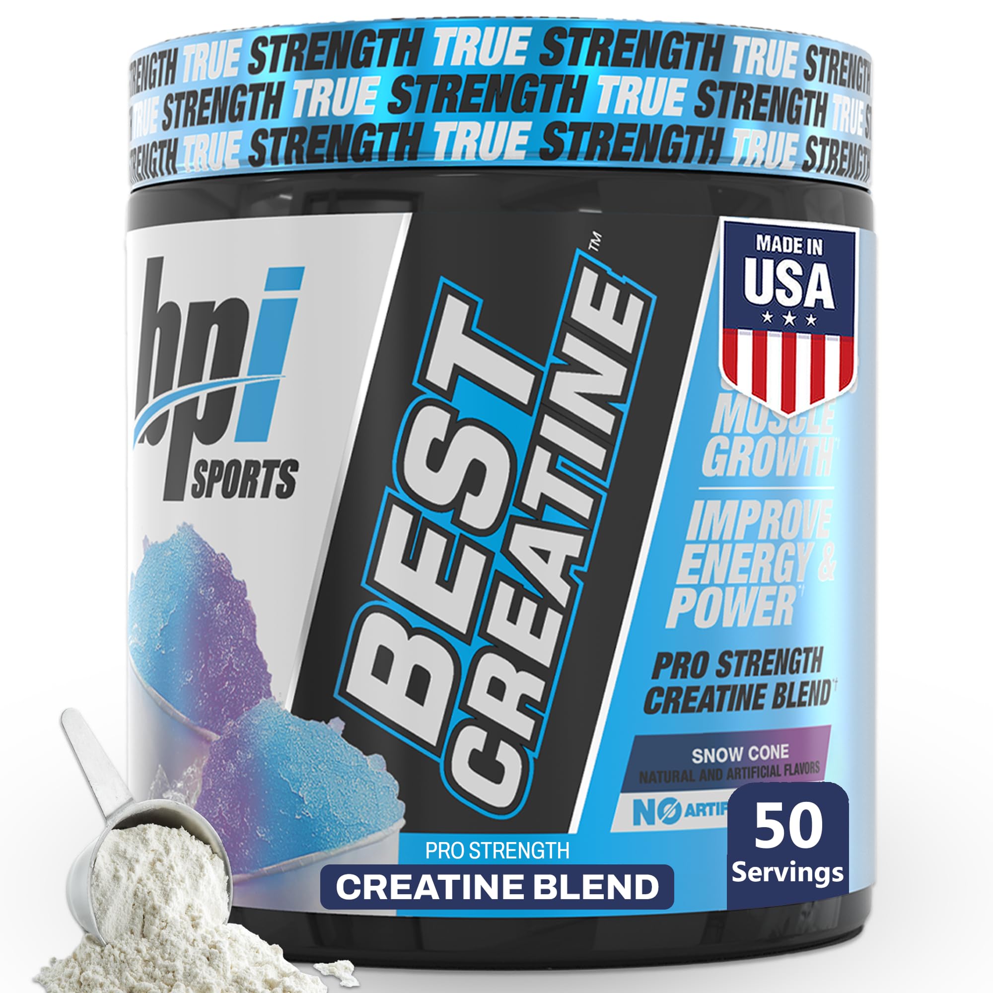 BPI Sports envase frontal Best Creatine mostrando etiqueta y tamaño, conveniencia diaria