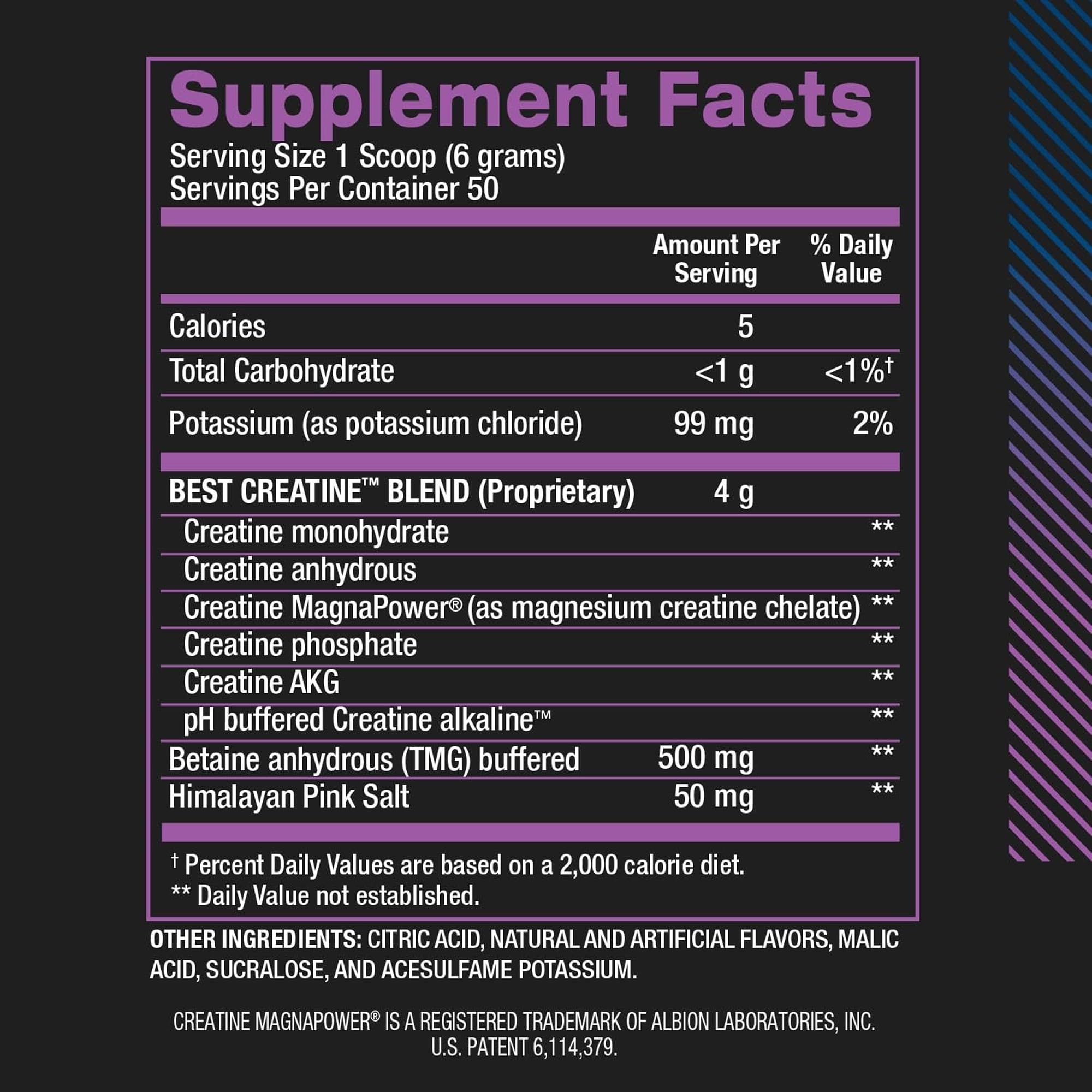 Etiqueta nutricional de BPI Sports Best Creatine mostrando ingredientes y formas de creatina