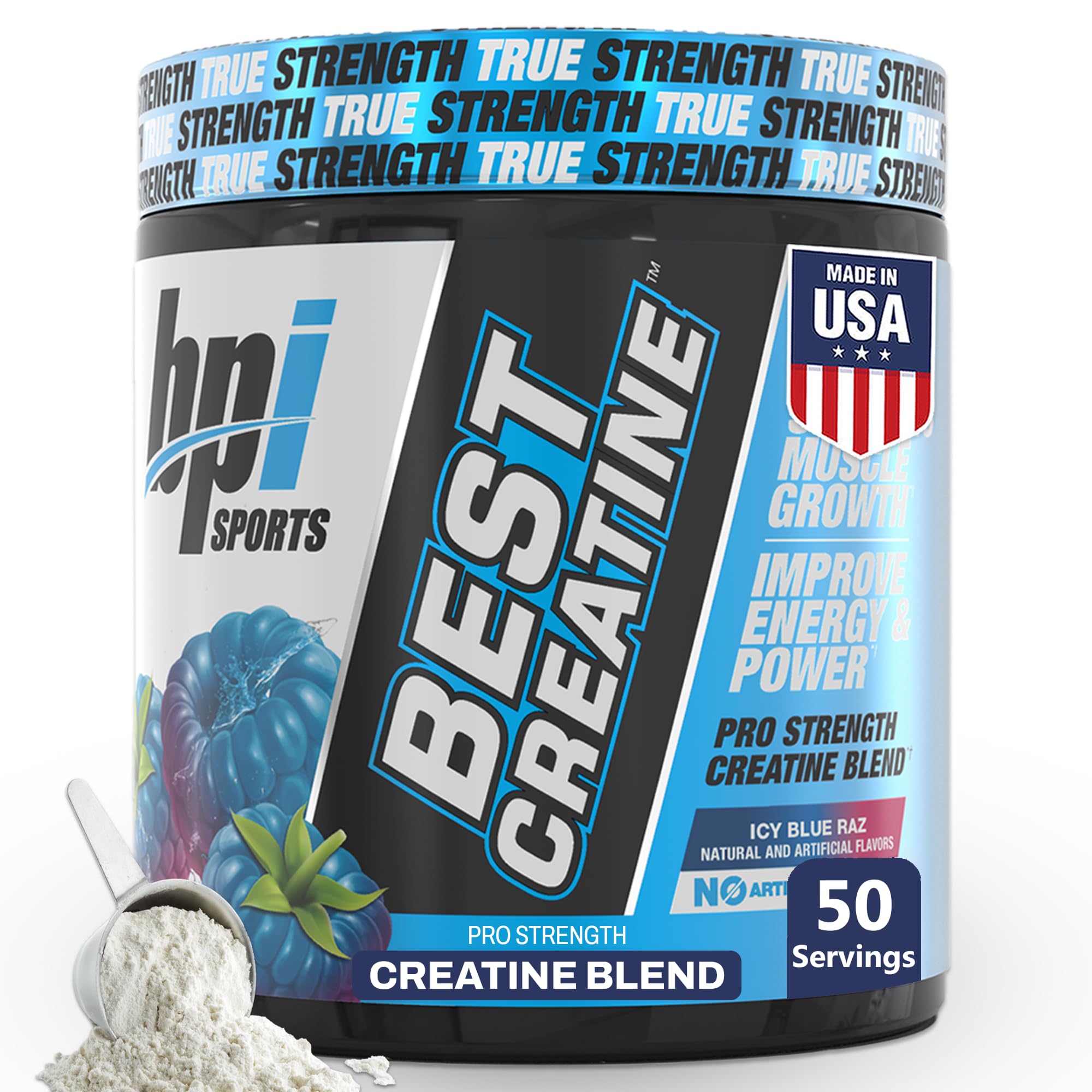 BPI Sports frasco frontal mostrando diseño y sabor Icy Blue Raz