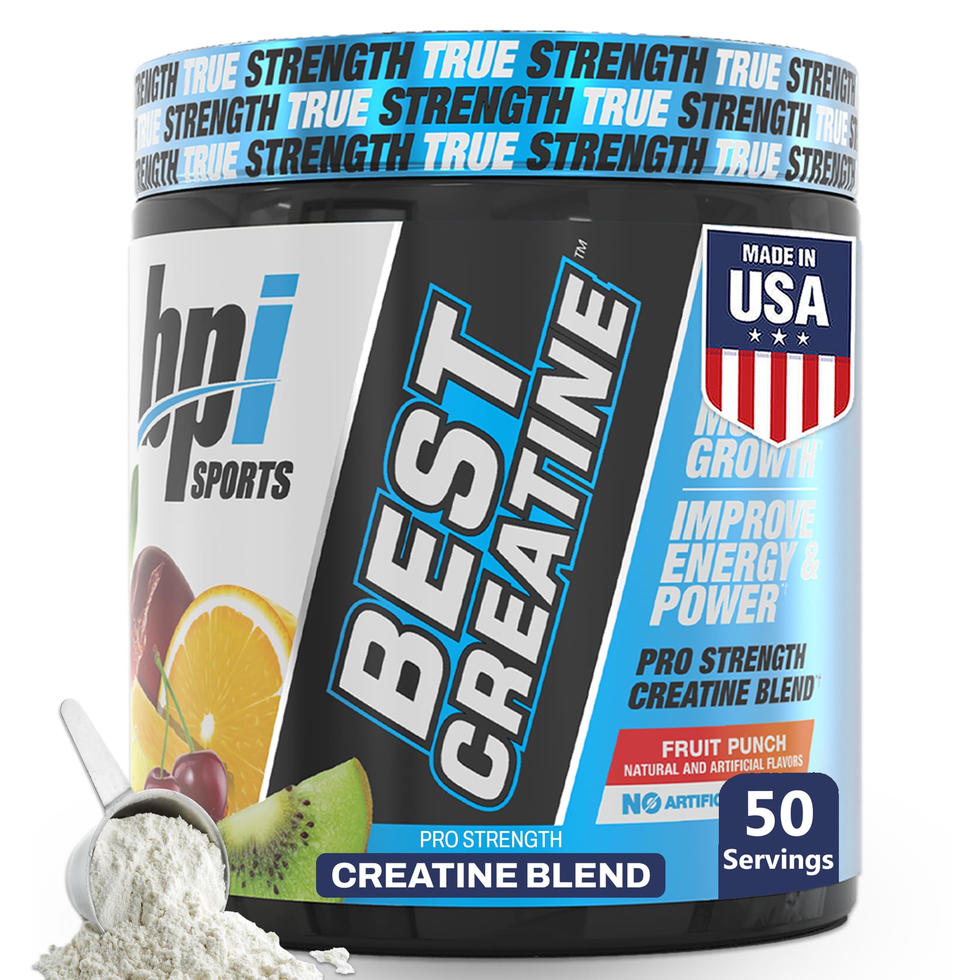 BPI Sports envase frontal de Best Creatine mostrando 50 servicios y sabor Fruit Punch