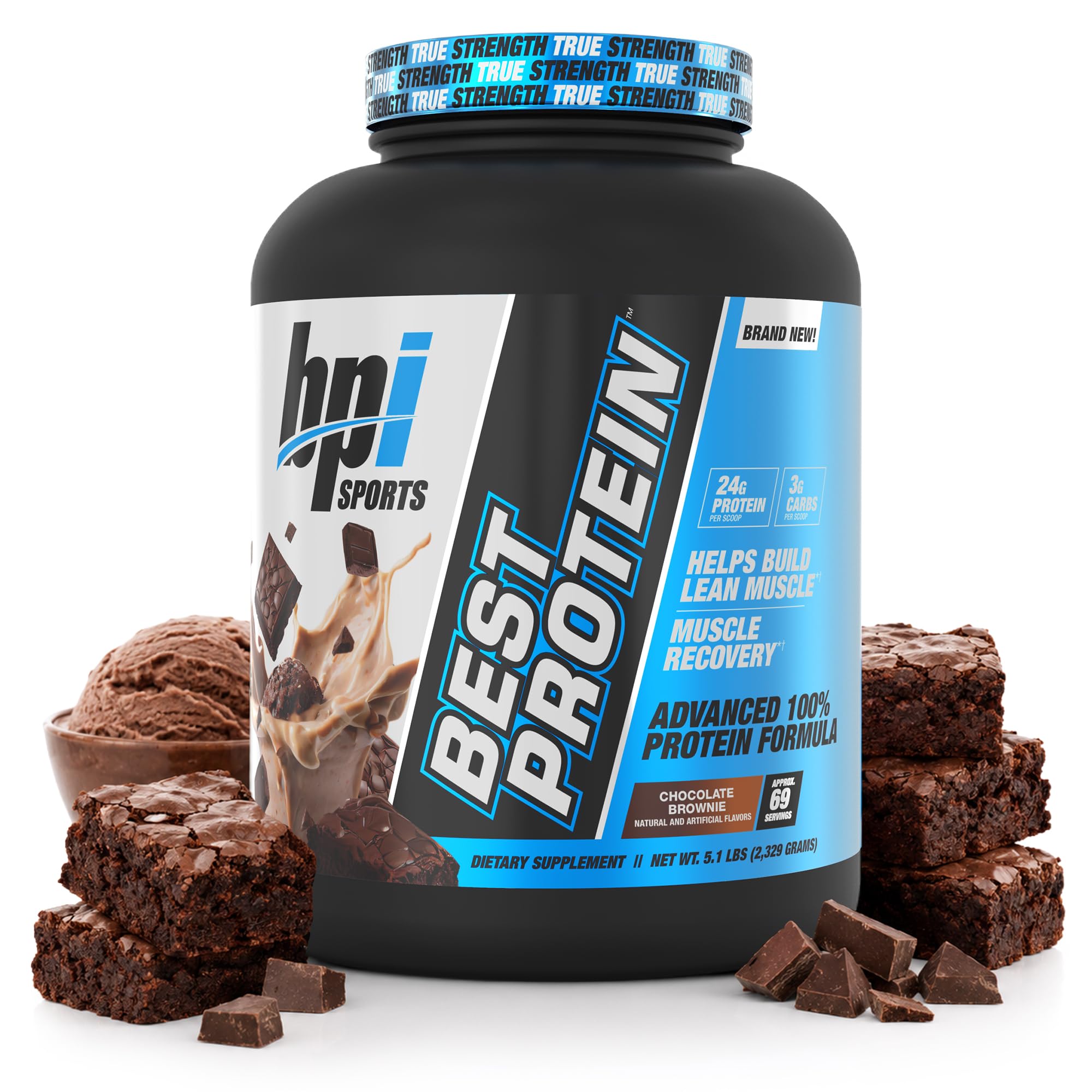 BPI Sports envase frontal Chocolate Brownie mostrando beneficios de proteína
