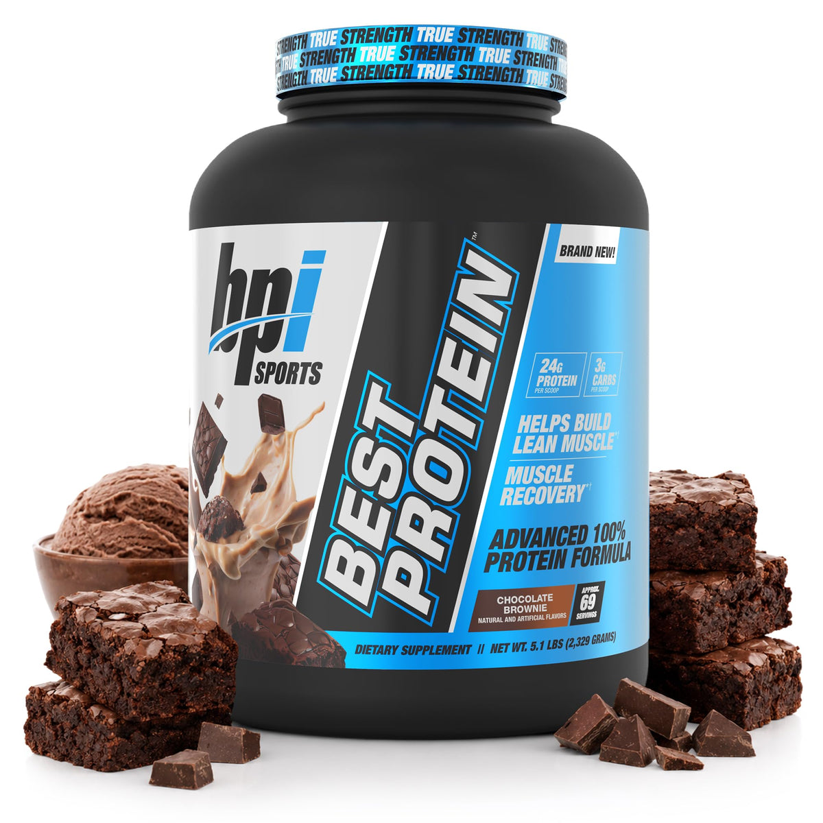 BPI Sports envase frontal Chocolate Brownie mostrando beneficios de proteína
