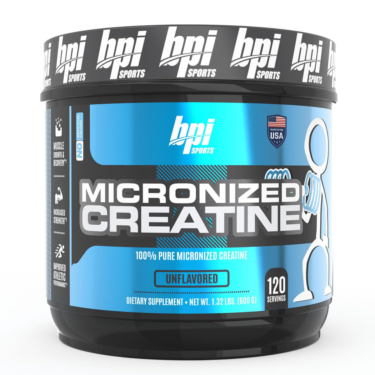 BPI Sports envase frontal de creatina micronizada, presentación clara y profesional