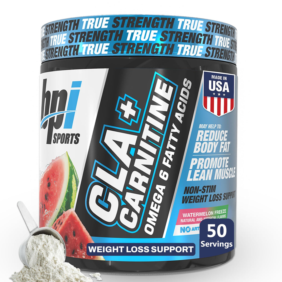 BPI Sports envase frontal de CLA+Carnitine mostrando sabor sandía y beneficios