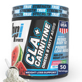 BPI Sports envase frontal de CLA+Carnitine mostrando sabor sandía y beneficios