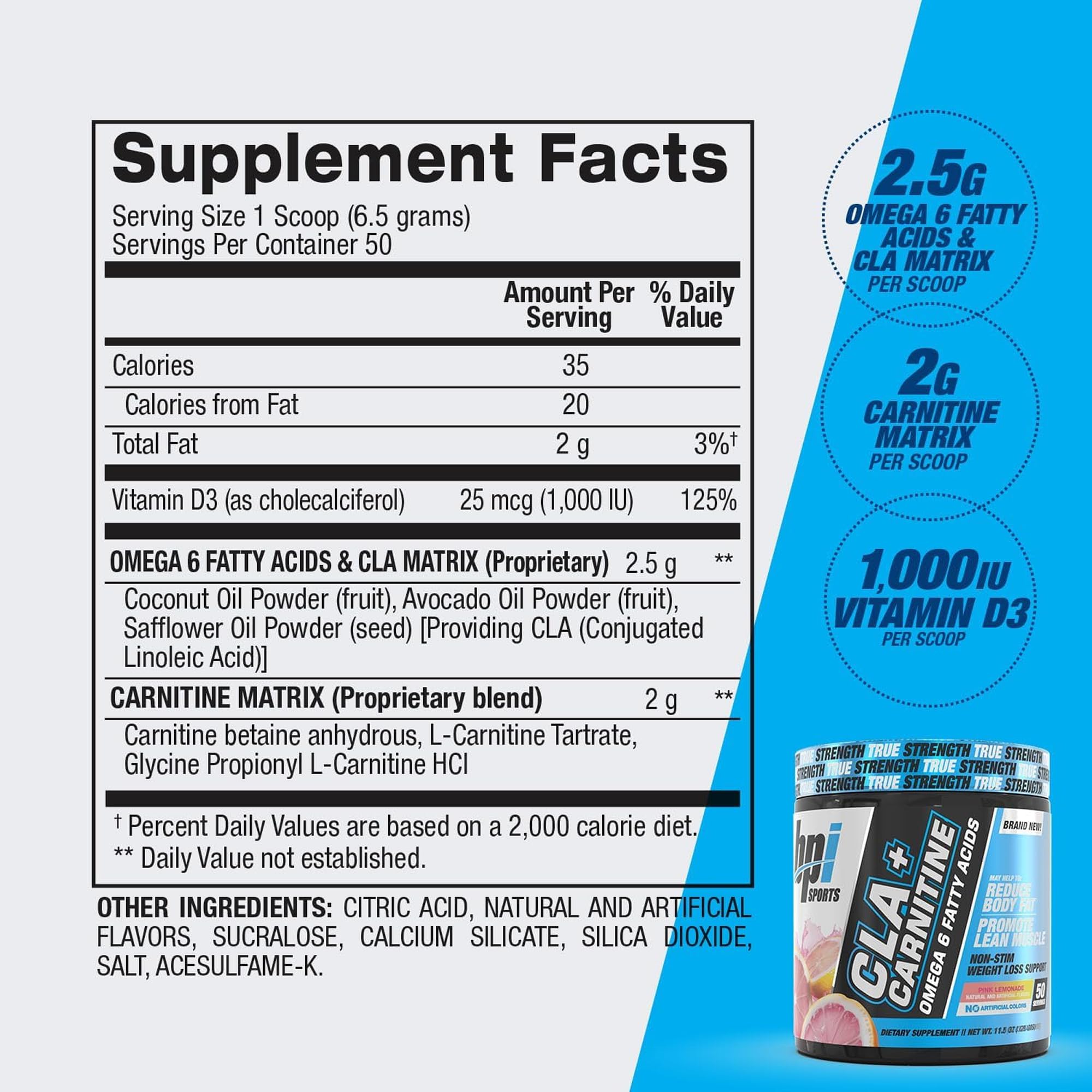 BPI Sports etiqueta de ingredientes mostrando CLA y L‑Carnitina activos