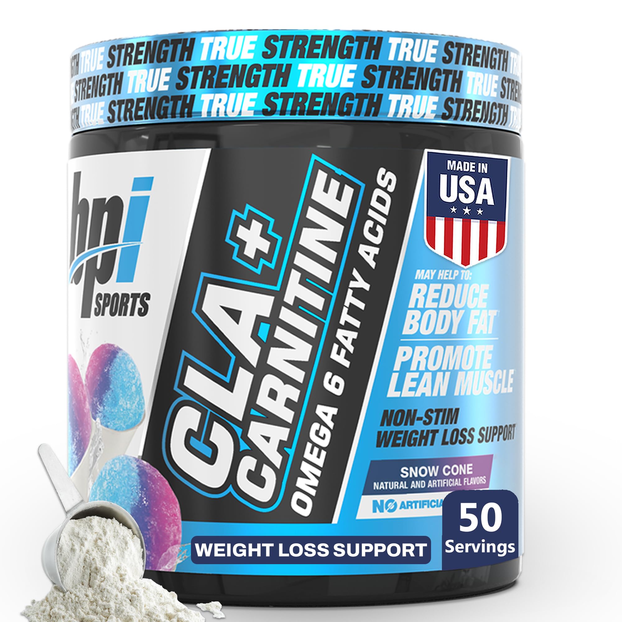 BPI Sports frasco frontal Snow Cone mostrando la marca y sabor, aporta conveniencia