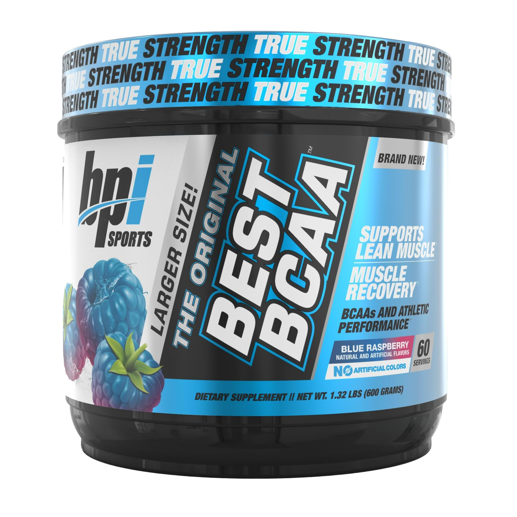 BPI Sports bote frontal mostrando marca y sabor Blue Raspberry, atractivo visual