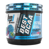 BPI Sports bote frontal mostrando marca y sabor Blue Raspberry, atractivo visual