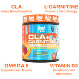 BPI Sports primeros planos de CLA y L‑Carnitina como ingredientes clave