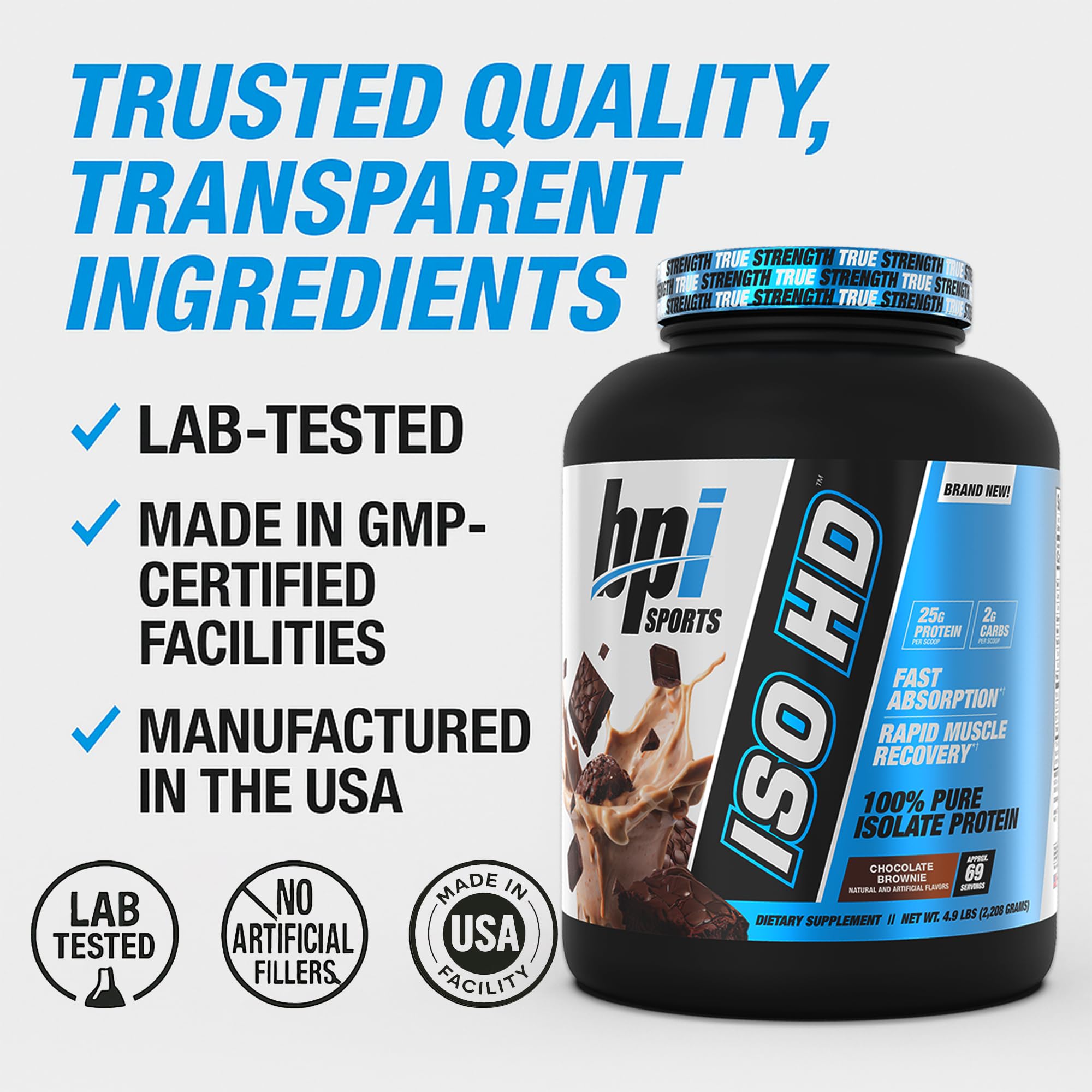 BPI Sports ISO HD junto a botella en gimnasio, ideal para recuperación post-entreno