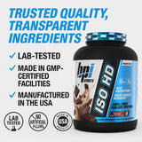 BPI Sports ISO HD junto a botella en gimnasio, ideal para recuperación post-entreno