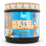 BPI Sports bote frontal mostrando Keto Bomb y sabor French Vanilla Latte, práctico