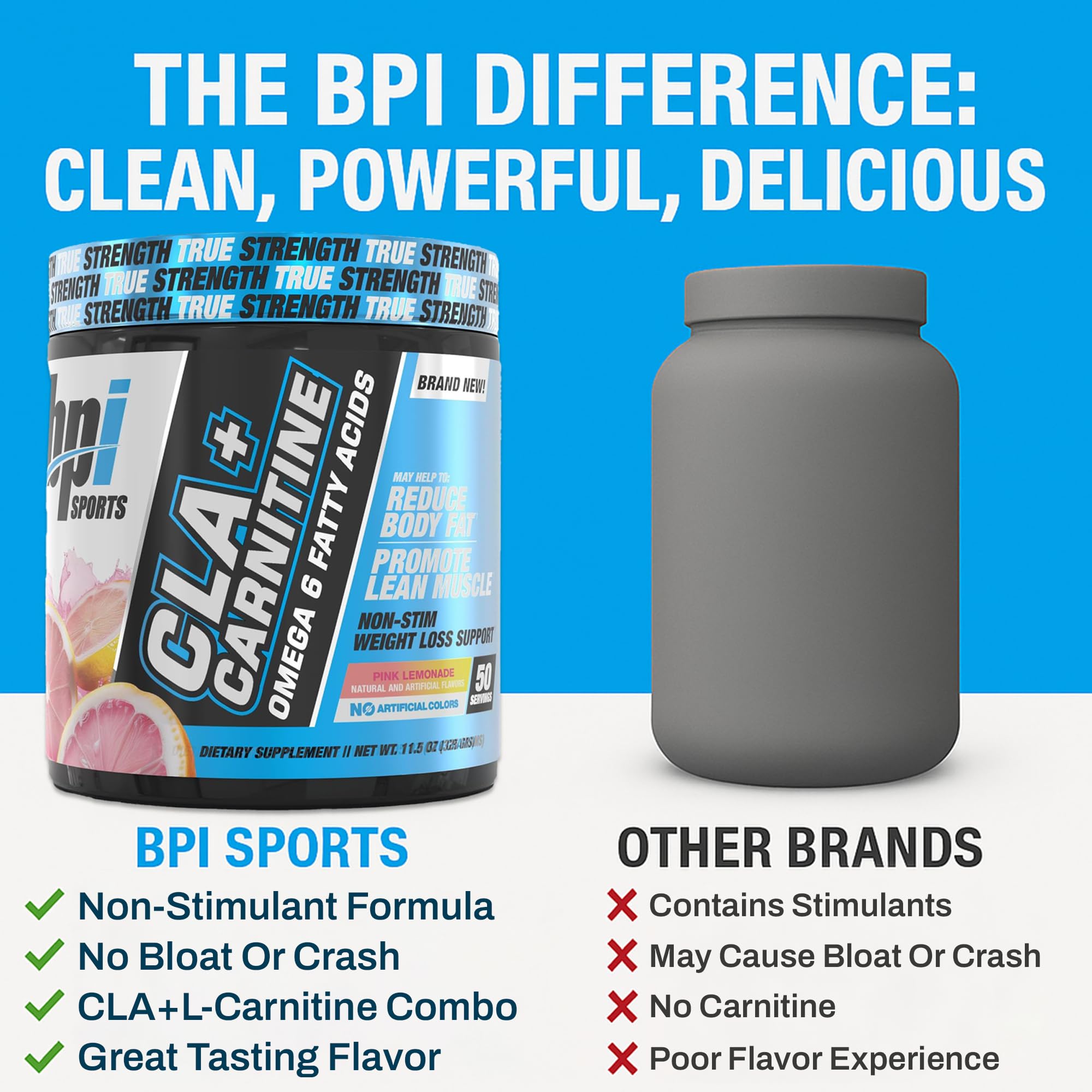 BPI Sports comparación de tamaño que indica 50 servicios por envase