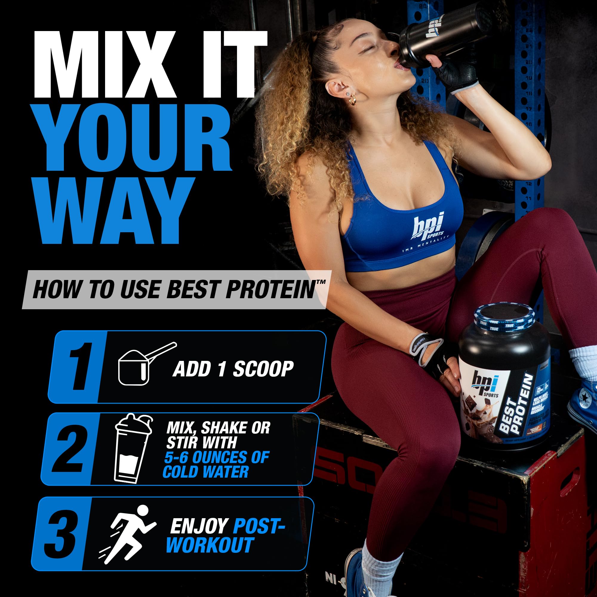 BPI Sports polvo de proteína textura fina para mezcla rápida y cremosa