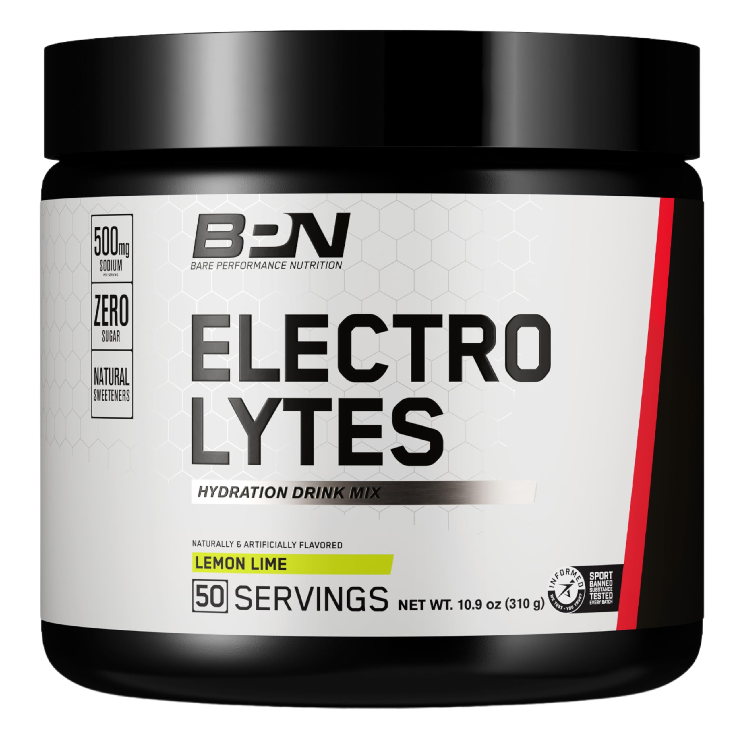 BARE PERFORMANCE NUTRITION envase frontal limón-lima mostrando 50 servicios y beneficios