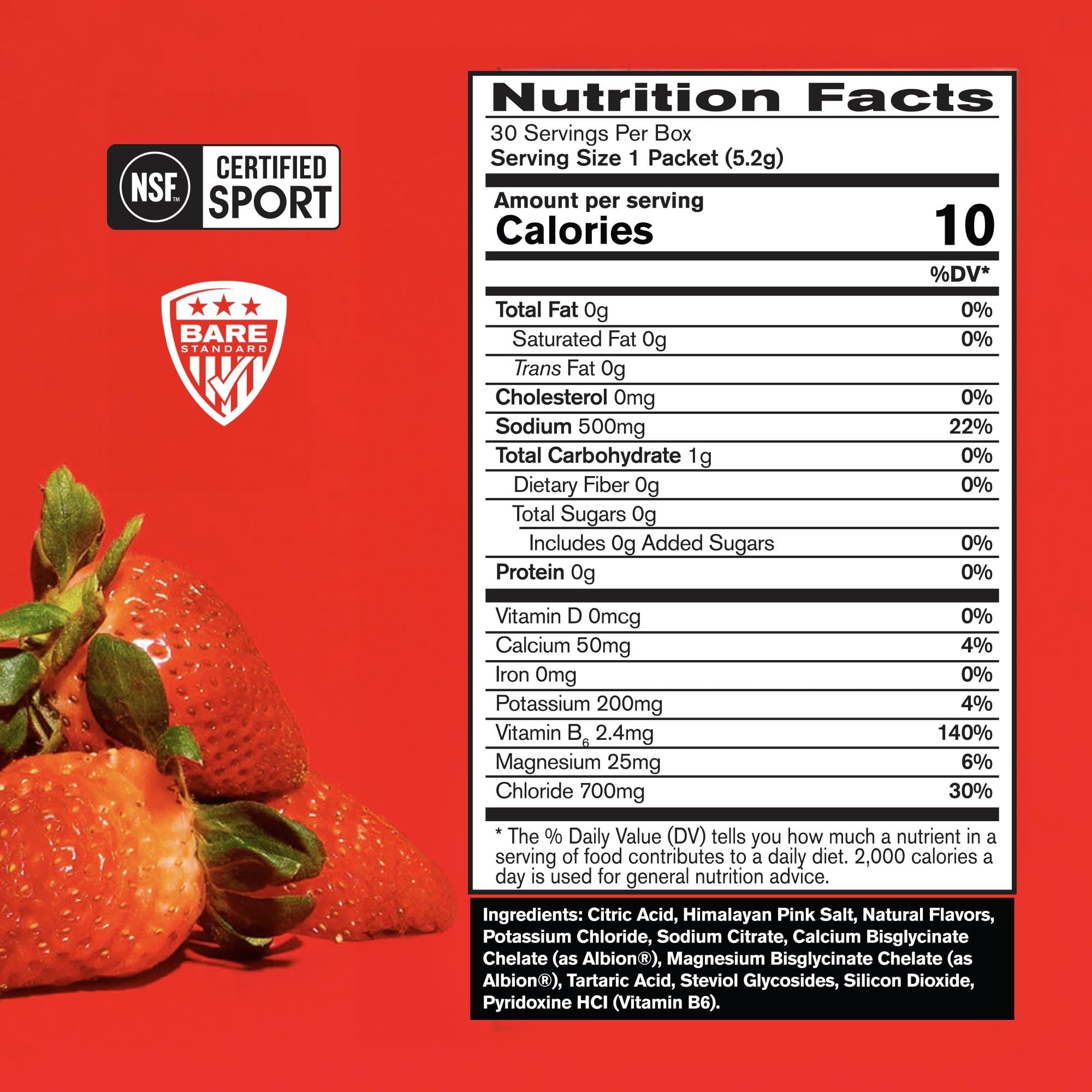BARE PERFORMANCE NUTRITION sobre individual abierto con ingredientes legibles y transporte fácil
