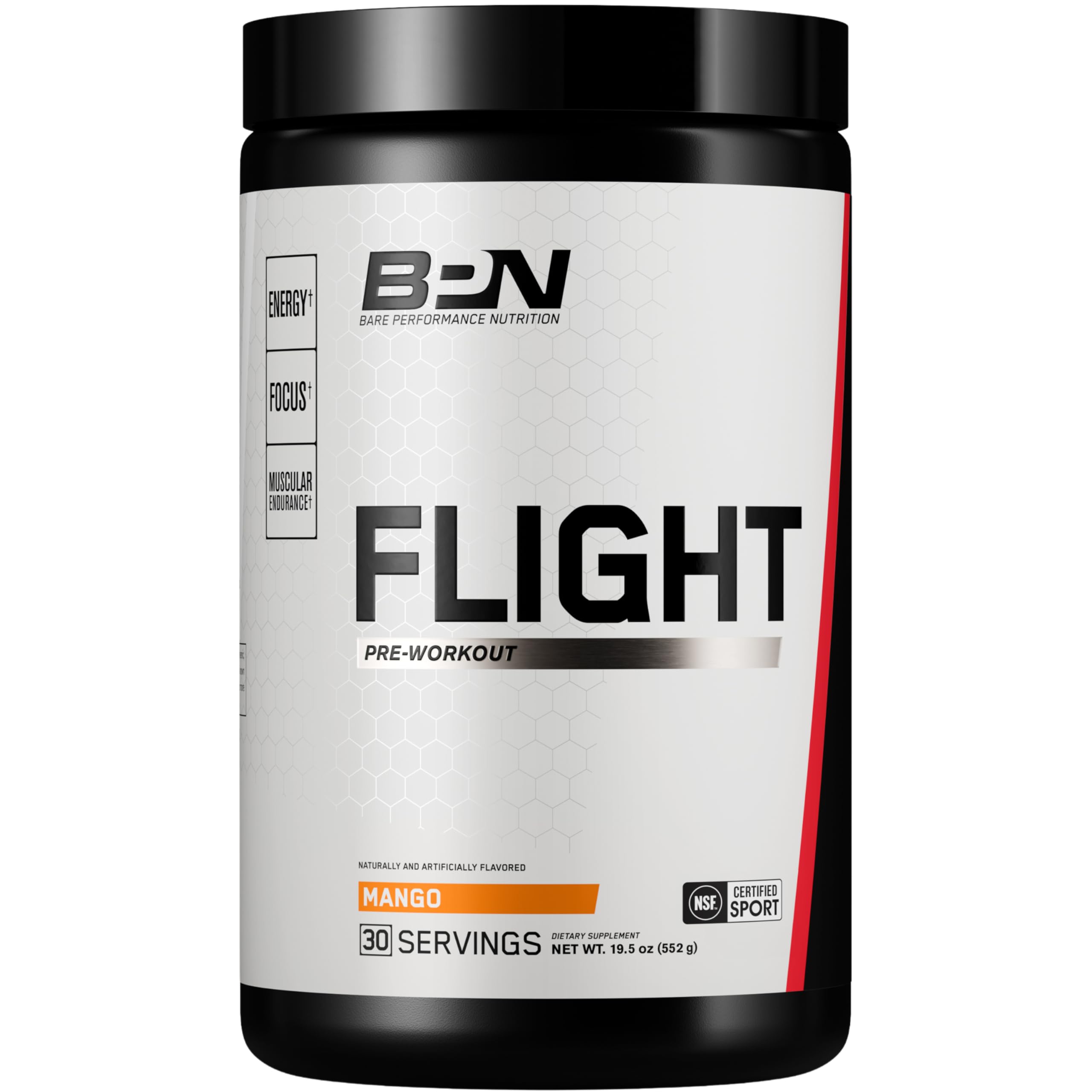 BARE PERFORMANCE NUTRITION frasco frontal mango mostrando diseño y servidos