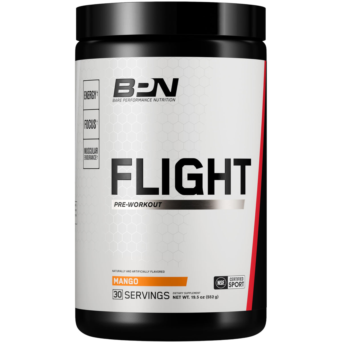 BARE PERFORMANCE NUTRITION frasco frontal mango mostrando diseño y servidos