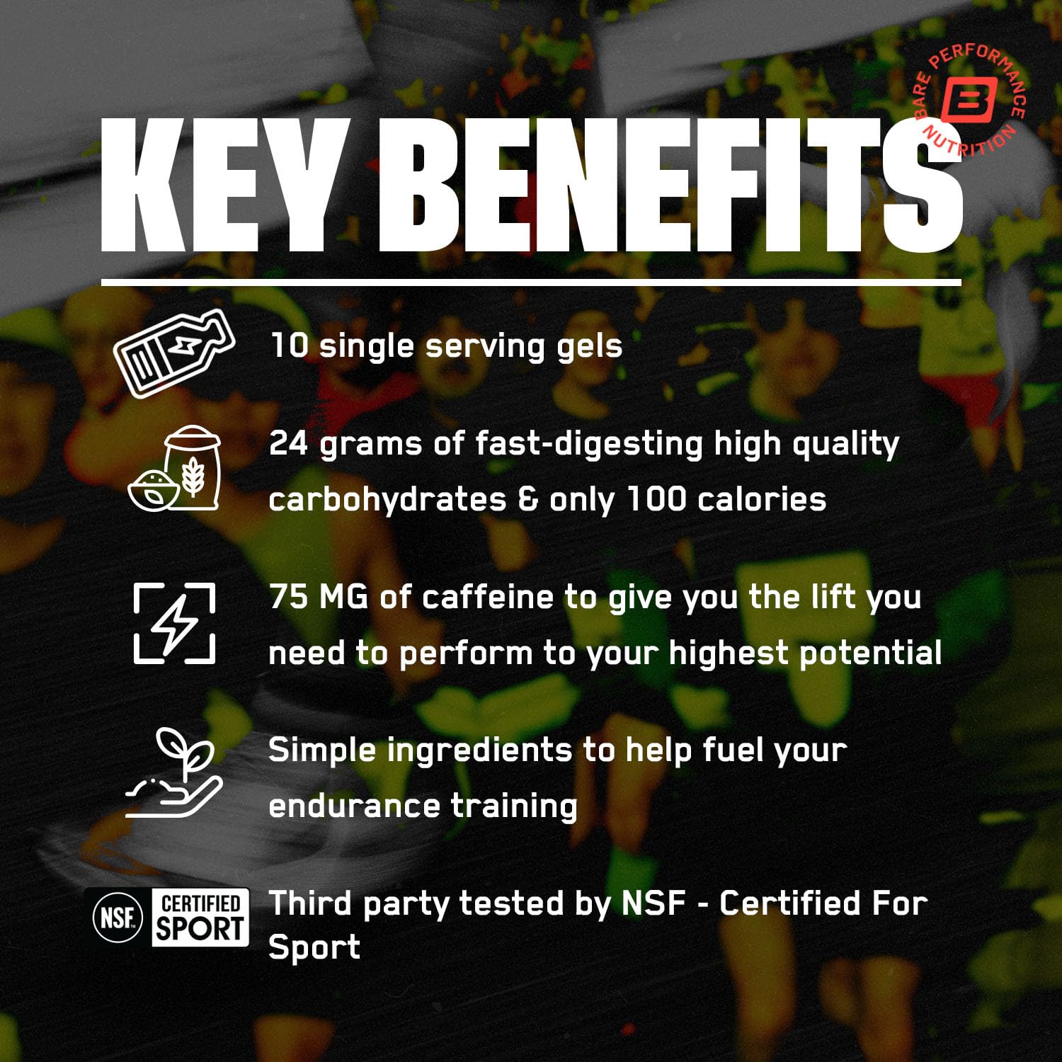 BARE PERFORMANCE NUTRITION etiqueta con carbohidratos y cafeína clara y útil