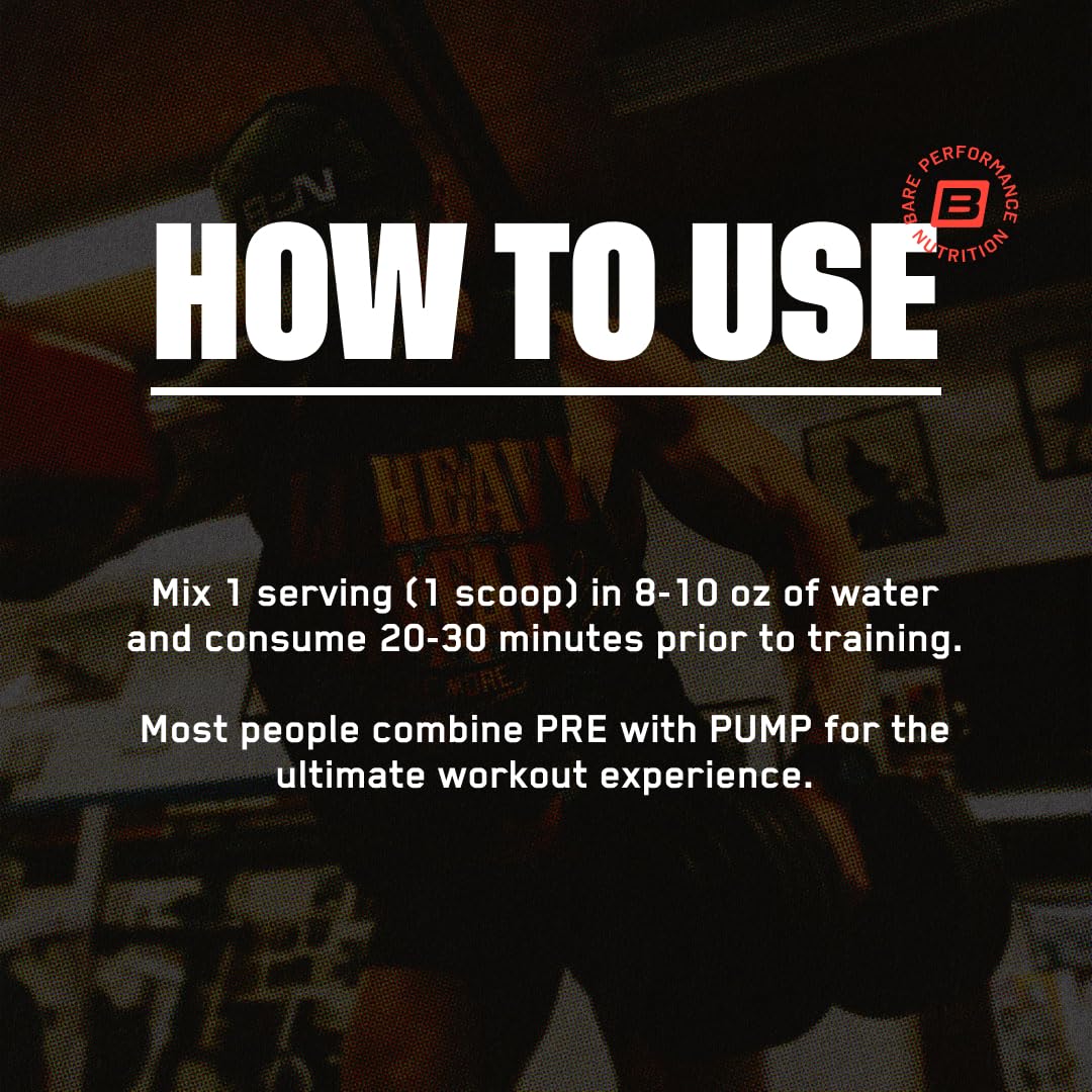 BARE PERFORMANCE NUTRITION envase BPN Pump con medidas que muestra 25 servicios por pote