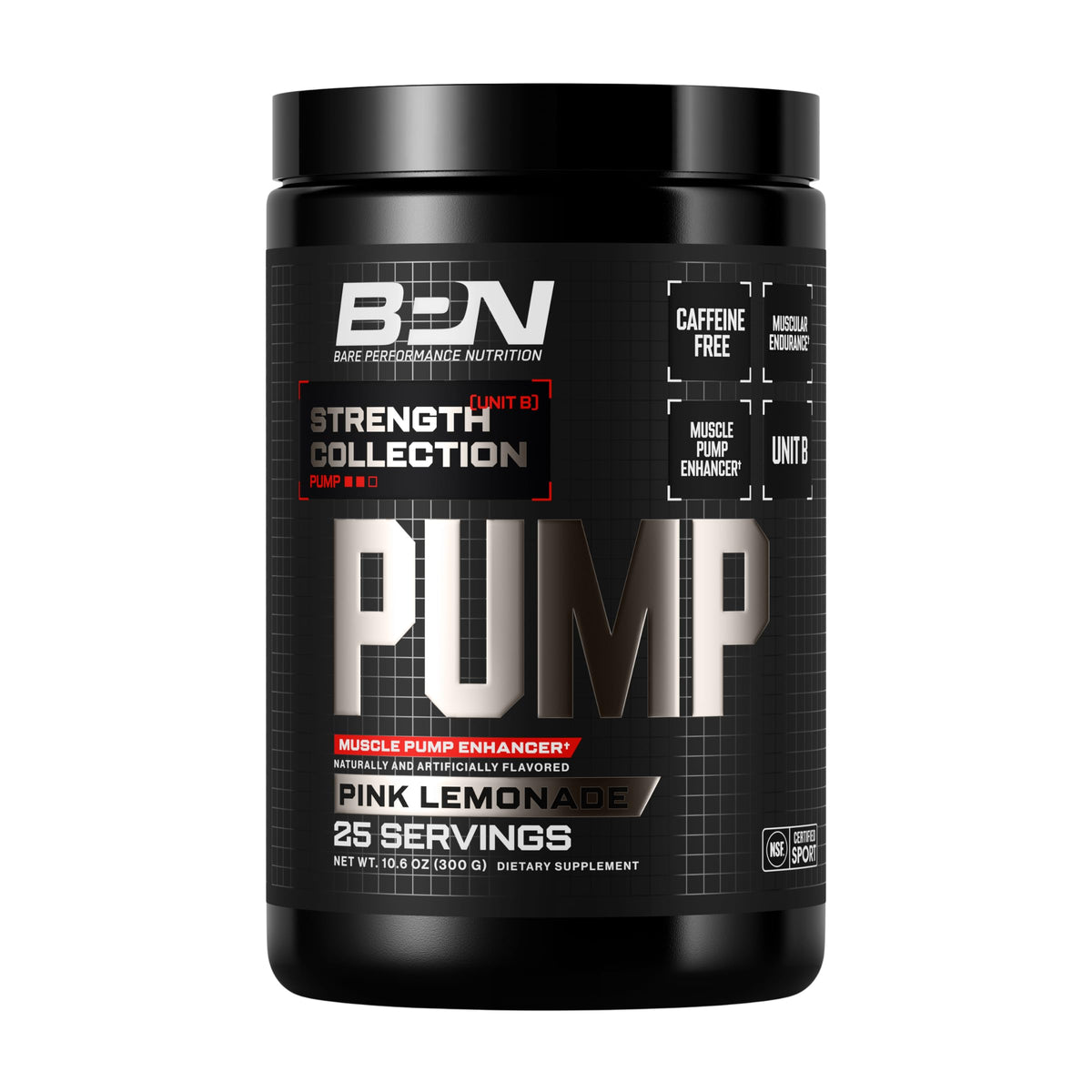 BARE PERFORMANCE NUTRITION envase BPN Pump frontal que muestra sabor Pink Lemonade y beneficios