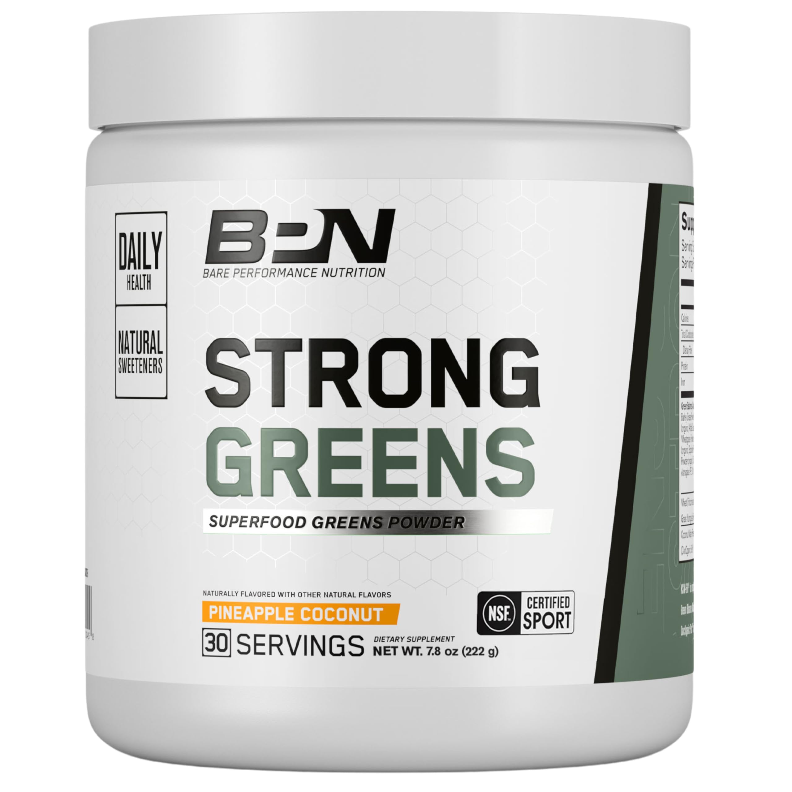 BARE PERFORMANCE NUTRITION envase frontal de Strong Greens Piña Coco, fácil identificación y confianza