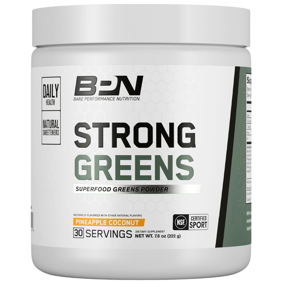 BARE PERFORMANCE NUTRITION envase frontal de Strong Greens Piña Coco, fácil identificación y confianza