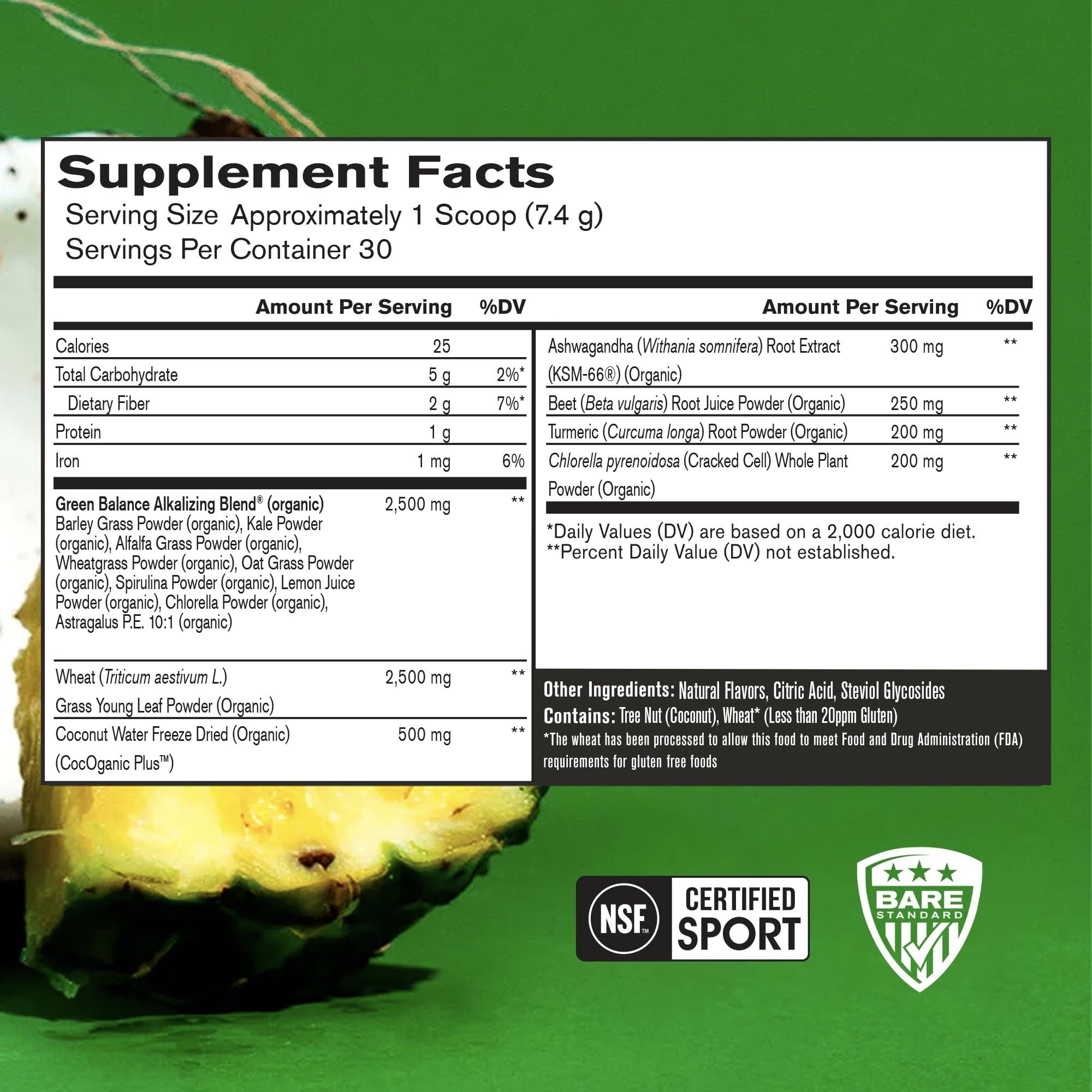 BARE PERFORMANCE NUTRITION textura del polvo Strong Greens mostrando mezcla fina y solubilidad rápida