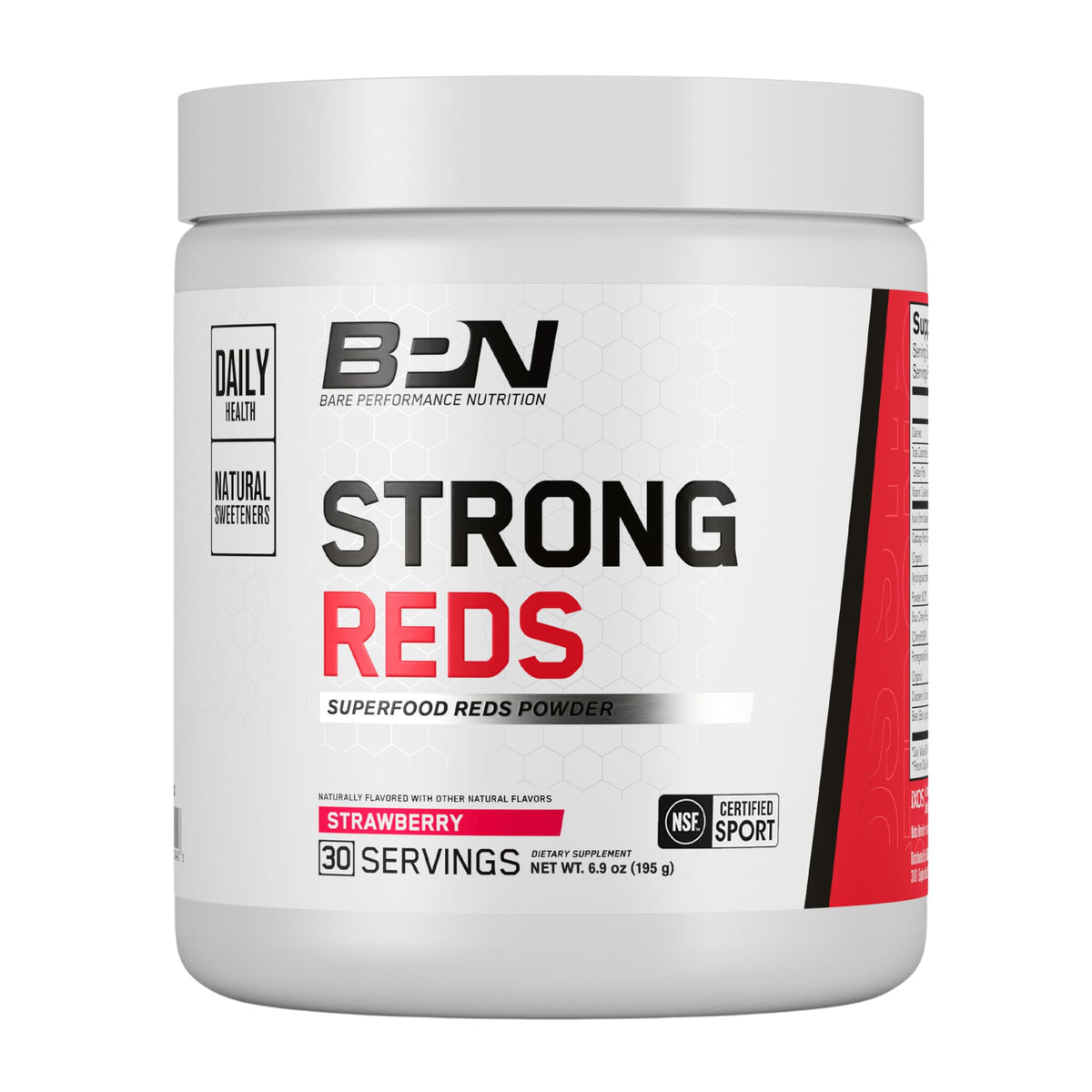 BARE PERFORMANCE NUTRITION envase frontal de Strong Reds mostrando sabor fresa y beneficios
