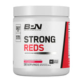 BARE PERFORMANCE NUTRITION envase frontal de Strong Reds mostrando sabor fresa y beneficios