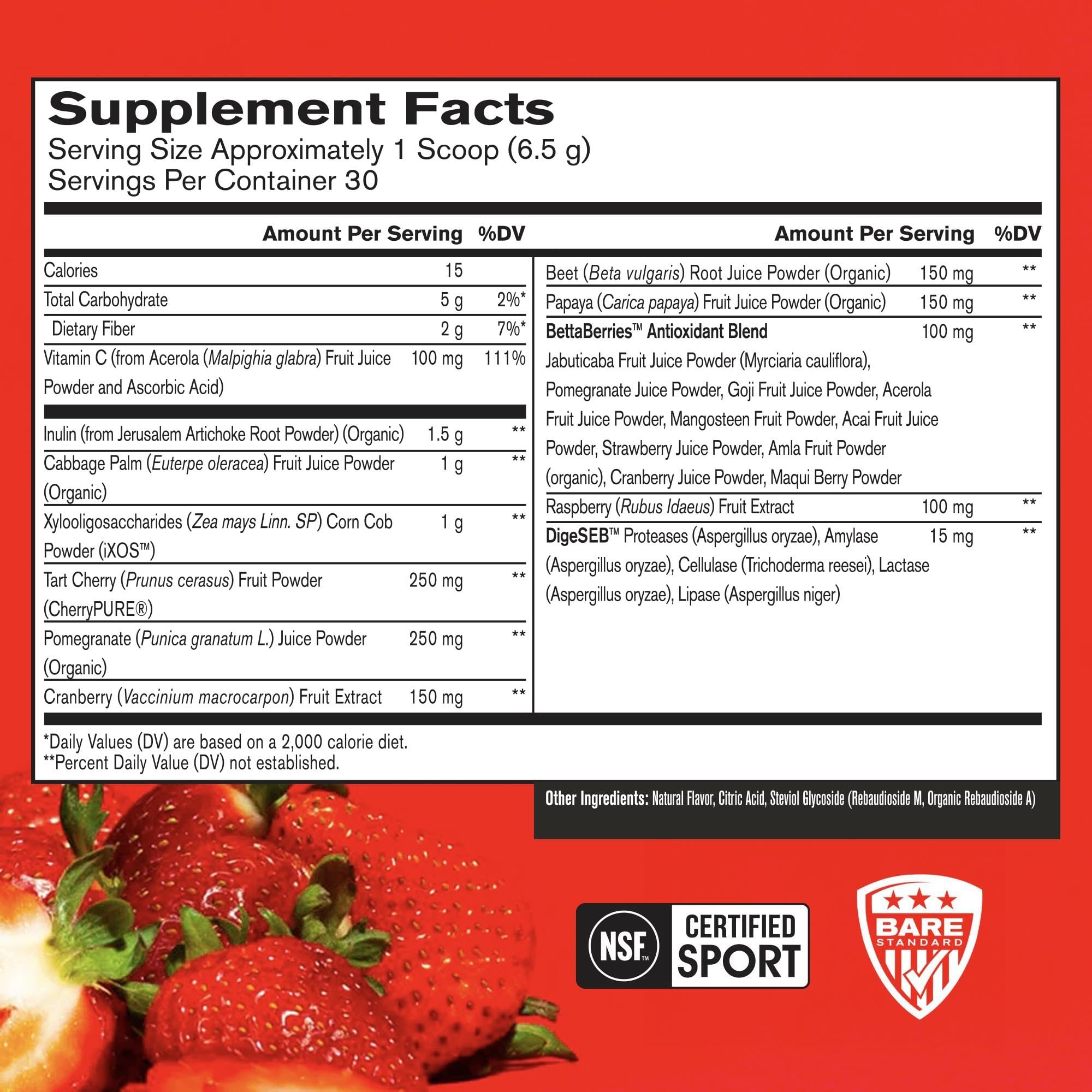 BARE PERFORMANCE NUTRITION polvo Strong Reds textura y color fresa para mezcla rápida